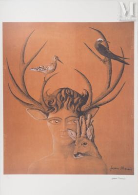 une image représentant un tableau où l'on voit un cerf avec un oiseau posé sur sa tête