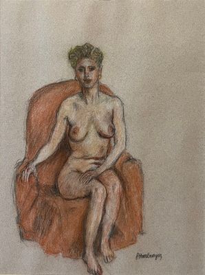 drawing of a nude woman sitting in a chair with her legs crossed