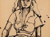 dessin représentant une femme assise à une table, une assiette devant elle