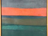 an oil painting of a landscape with a red sky and green water