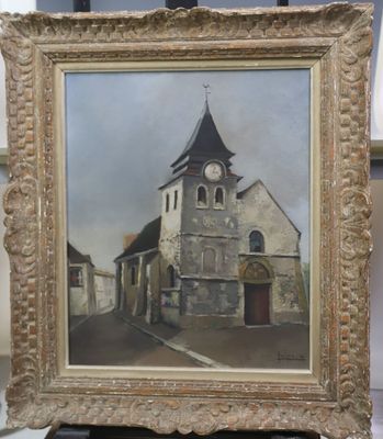 tableau représentant une vieille église avec une horloge sur sa façade