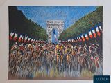 a picture of a painting of a group of bicyclists in front of the arc de trioe
