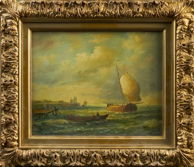 an oil painting of a sailboat on the water with a boat in the background