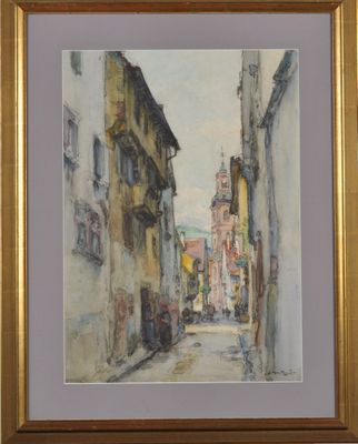 une image représentant une peinture d'une scène de rue avec des bâtiments