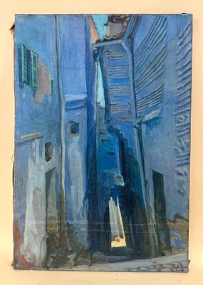 an oil painting of a street scene with buildings and a blue sky