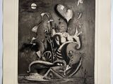 une vieille photo en noir et blanc représentant un dessin d'un crâne et d'autres objets