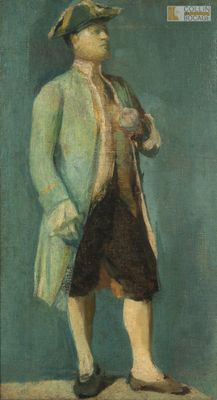 une image représentant un tableau d'un homme vêtu d'un manteau vert et d'un chapeau