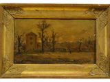 un tableau représentant un paysage avec une maison et des arbres au premier plan