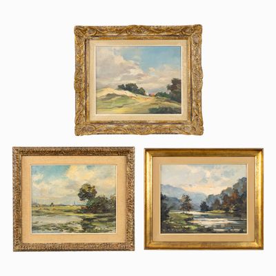 trois tableaux encadrés représentant un paysage avec des arbres et une rivière