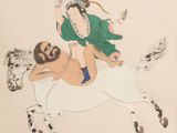an image of a painting of a man riding a horse with a woman on it