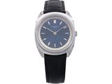 an image of a wrist watch with a blue dial and black leather strap
