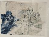 drawing of a group of people playing violin in a room