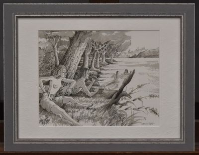 a picture of a drawing of a man and a woman laying on the ground