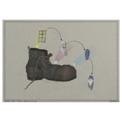 dessin représentant une paire de bottes auxquelles est attaché un cordon
