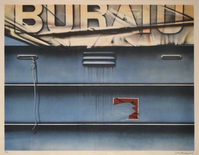 une image représentant une peinture d'un bâtiment bleu avec une enseigne sur laquelle on peut lire « Burrall »