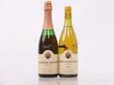 two bottles of wine sitting next to each other on a table