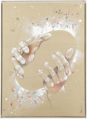 painting of two hands reaching for each other in a circle