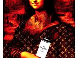 un gros plan sur un tableau représentant une femme tenant une bouteille