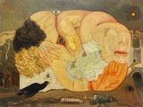 un tableau représentant une femme et un oiseau posés sur une table