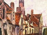 a painting of a city street with a church in the background