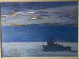 une peinture représentant un bateau sur l'eau, avec le ciel en arrière-plan