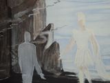a painting of a man and a woman walking on the beach