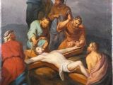 an image of a painting of jesus laying on the cross with other people