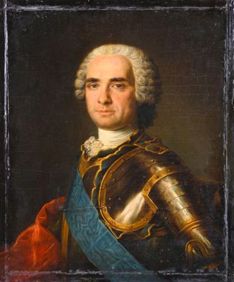 an old painting of a man in armor with a blue sash