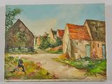 a painting of a woman sitting on a bench in a village