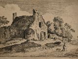 an old drawing of a house with a man and a dog in front of it