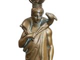 statue of a man with a bird on his shoulder holding a vase
