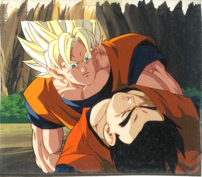 Goku et Gohan de Dragon Ball en plein combat dans une scène de Dragon Ball