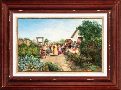painting of a farm scene with a farmer and his family