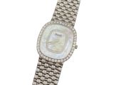 an image of a woman ' s wrist watch with a mother of pearl dial