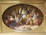 une peinture représentant un groupe de personnes dans un cadre boisé