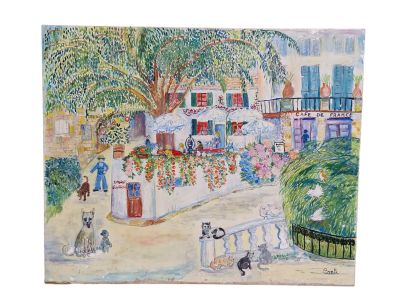 an image of a painting of a street scene with people and dogs