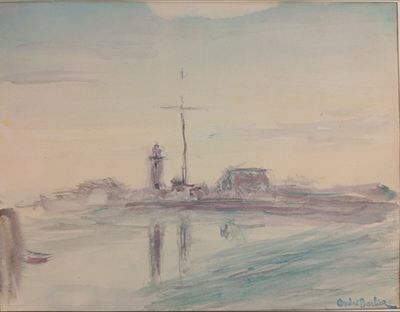 tableau représentant un bateau sur un plan d'eau, avec un phare en arrière-plan