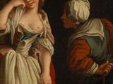 painting of a woman in a white dress standing next to a man in a red and white dress