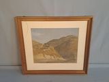 peinture représentant un paysage de montagne avec une rivière au premier plan