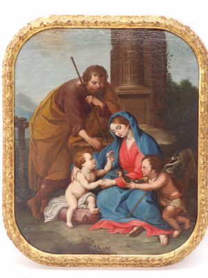 une image représentant un tableau d'une famille avec un chien