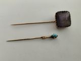 pair of gold tone hair pins with amethorate and turquoise bead