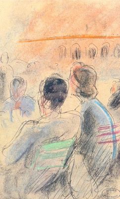 dessin représentant un groupe de personnes assises devant un micro