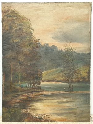 l'image d'une peinture représentant une rivière avec des arbres au premier plan