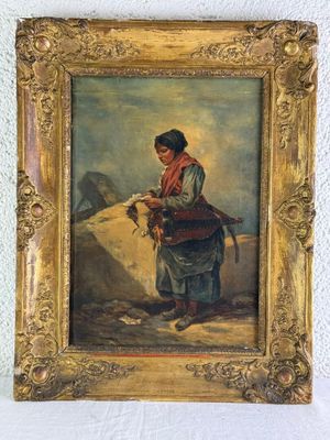 an old painting of a woman with a basket in her hand