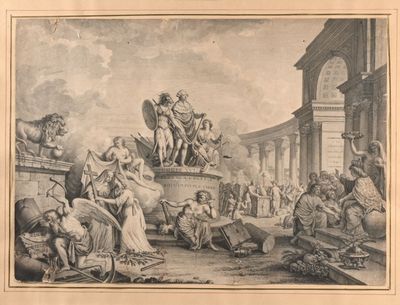 un dessin représentant un groupe de personnes rassemblées autour d'une fontaine