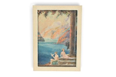 un tableau représentant deux personnes assises sur un rebord