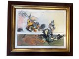 framed picture of a painting of a woman and a cat playing with a dog