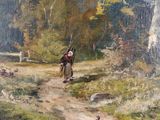 an oil painting of a man walking a horse down a dirt road