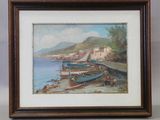 painting of boats on the shore of a small town by the water