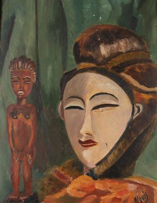 une peinture à l'huile représentant une femme en robe rouge, avec une figurine en bois en arrière-plan